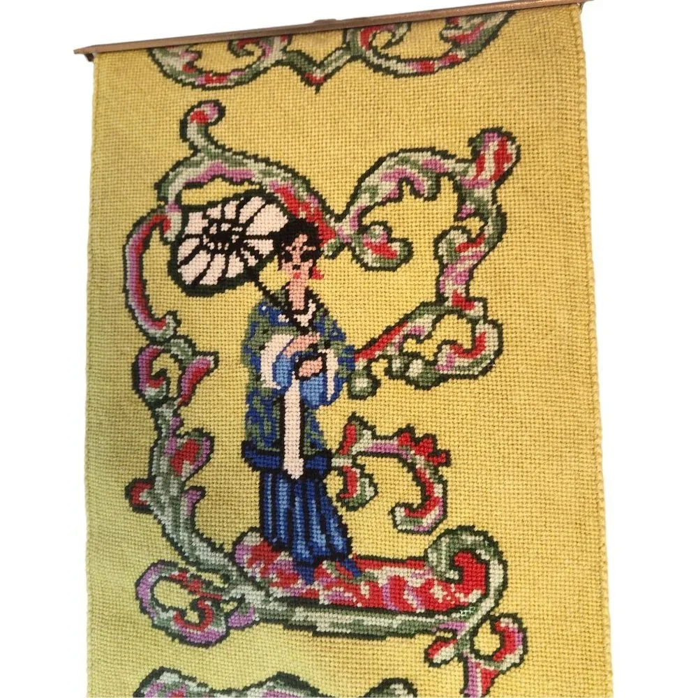 Vintage MCM Mid Century Modern Asian Inspired Needlepoint Wall Tapestry Hanging